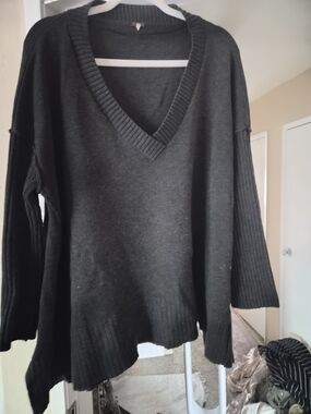 Free People Black Ribbed V-Neck Oversized Sweater